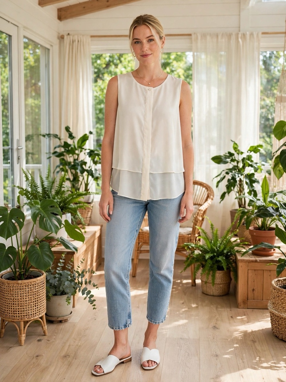 Rose & Olive Cream Sleeveless Blouse Layered Hem Button Detail Flowy Tank | L